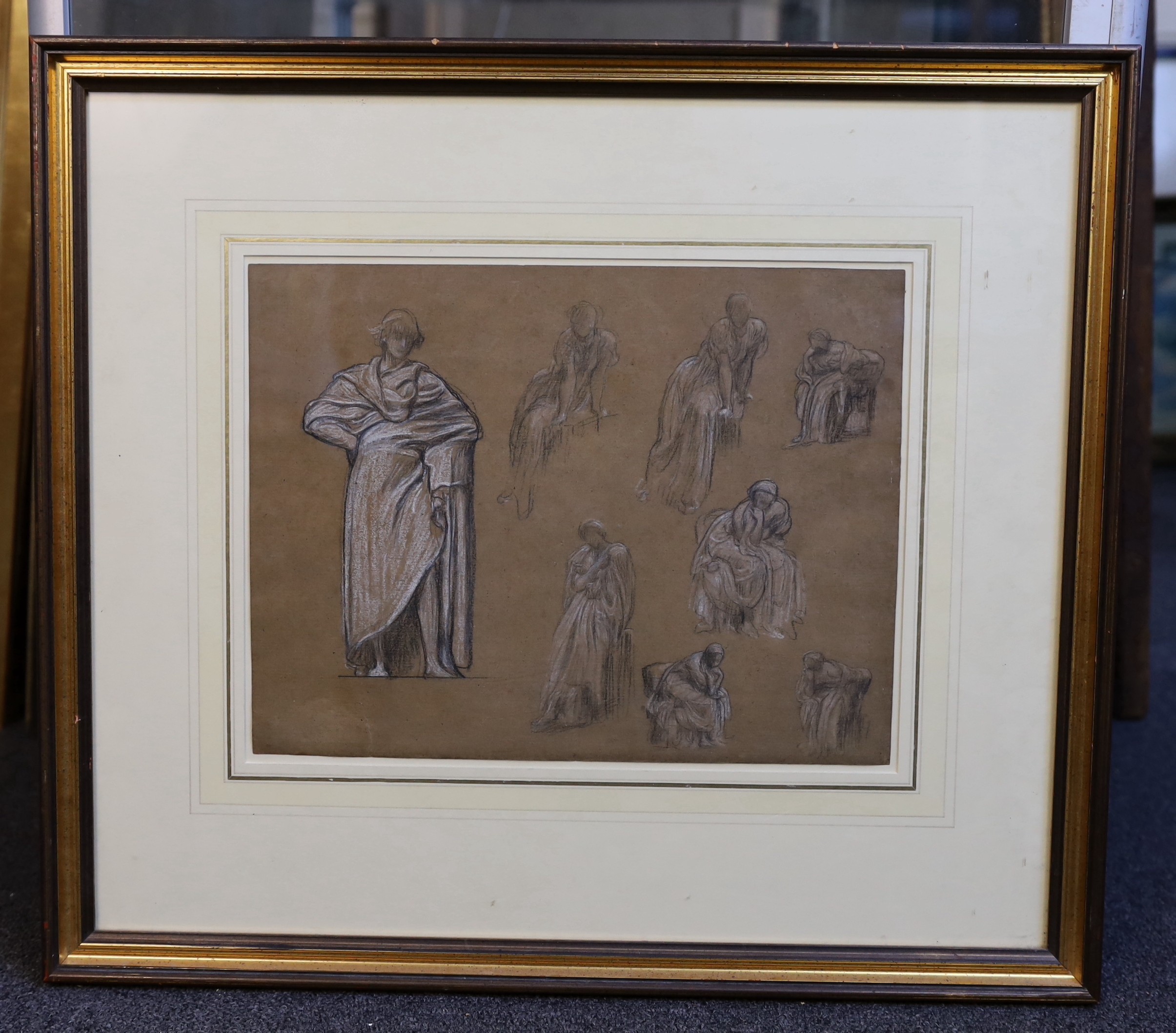 Lord Frederic Leighton, P.R.A. (British, 1830-1896), Studies for Music (a Frieze) for No. 1 Audley Street, black and white chalk on sepia paper, 26 x 34.5cm